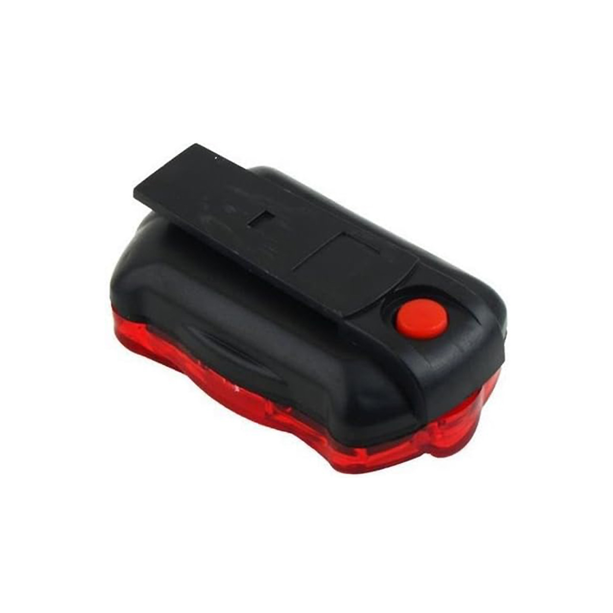 Una luz de bicicleta negra con lente roja y botón rojo. Tiene un clip negro para sujetar.