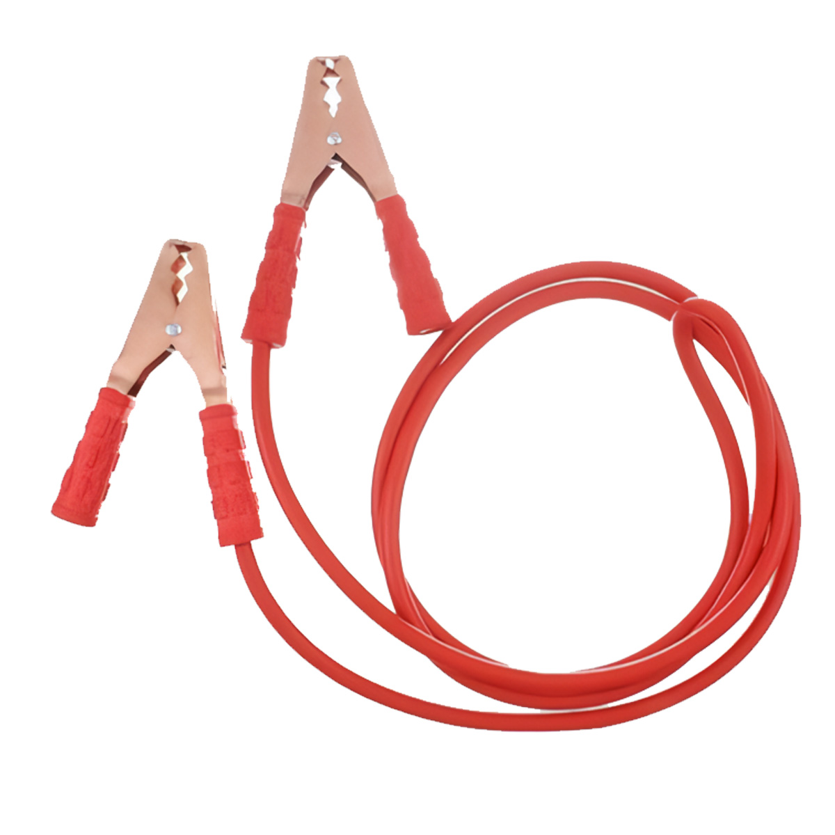 Cables de puente rojos con abrazaderas de cobre. Los cables están enrollados.