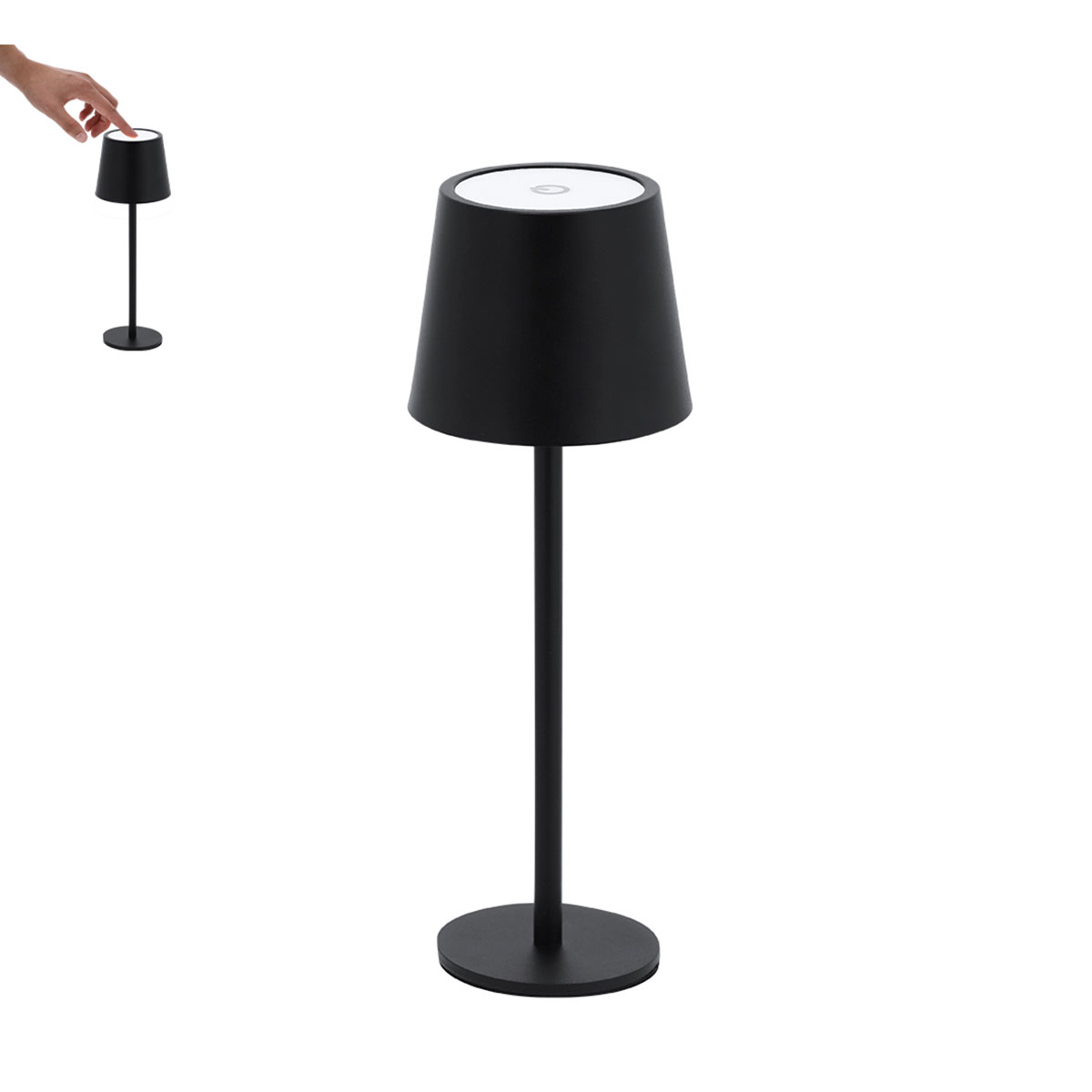 Lámpara negra con control táctil sobre fondo blanco.