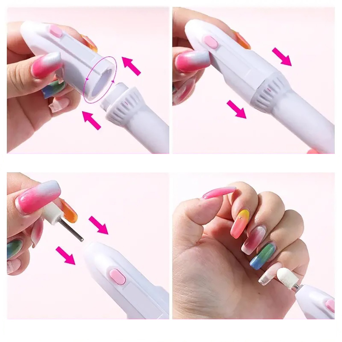 Un primer plano de los pasos para usar un taladro de uñas, mostrando diferentes etapas.