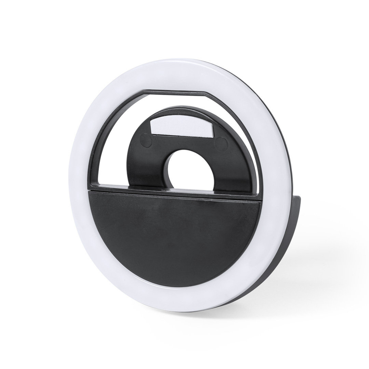 Luz de anillo. Blanco y negro. Forma circular. Luz blanca. Soporte negro. Aislado sobre fondo blanco.