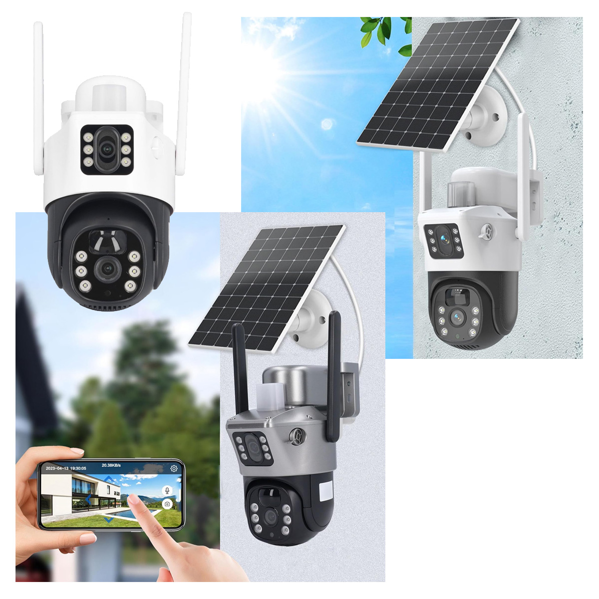 Múltiples cámaras de seguridad con paneles solares. Una es sostenida por una mano, mostrando la pantalla de un teléfono.