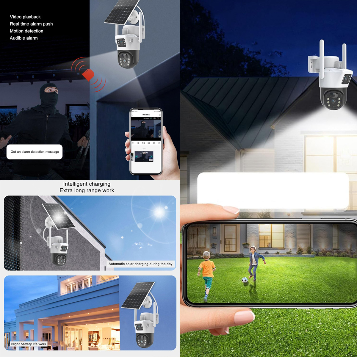 Una cámara de seguridad con panel solar y un teléfono que muestra imágenes de un jardín y personas jugando.