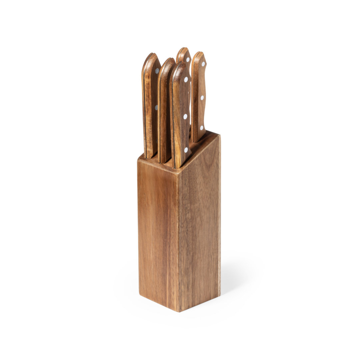 Bloque de cuchillos de madera con seis cuchillos. Los cuchillos tienen puntos blancos en los mangos. Fondo blanco.