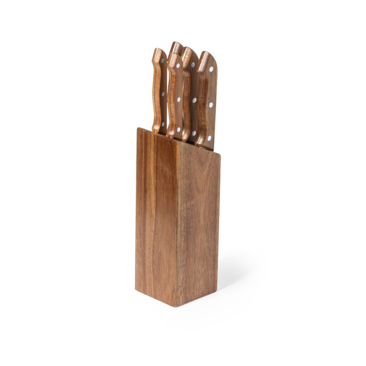 Bloque de cuchillos de madera con 5 cuchillos. Cuchillos con mangos marrones y puntos blancos.