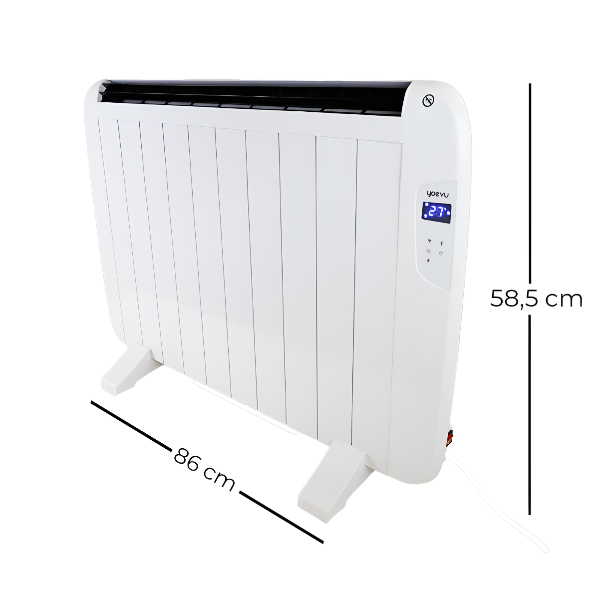 Calentador eléctrico blanco con pantalla digital que muestra 27 grados. Aislado sobre blanco.