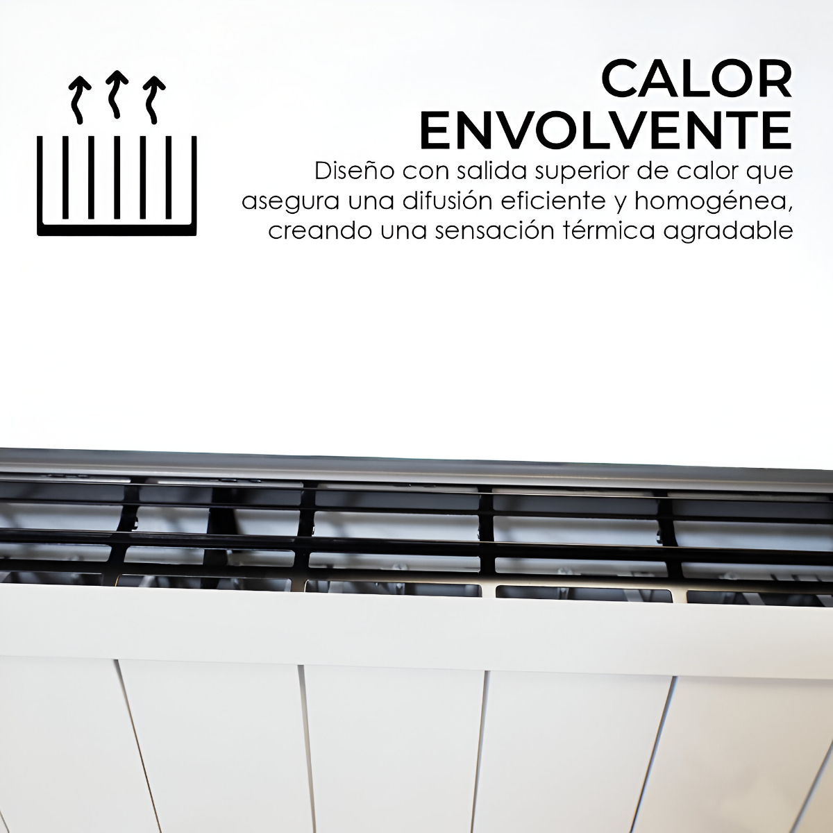 Primer plano de aire acondicionado con texto que describe calor envolvente y flujo de aire eficiente.