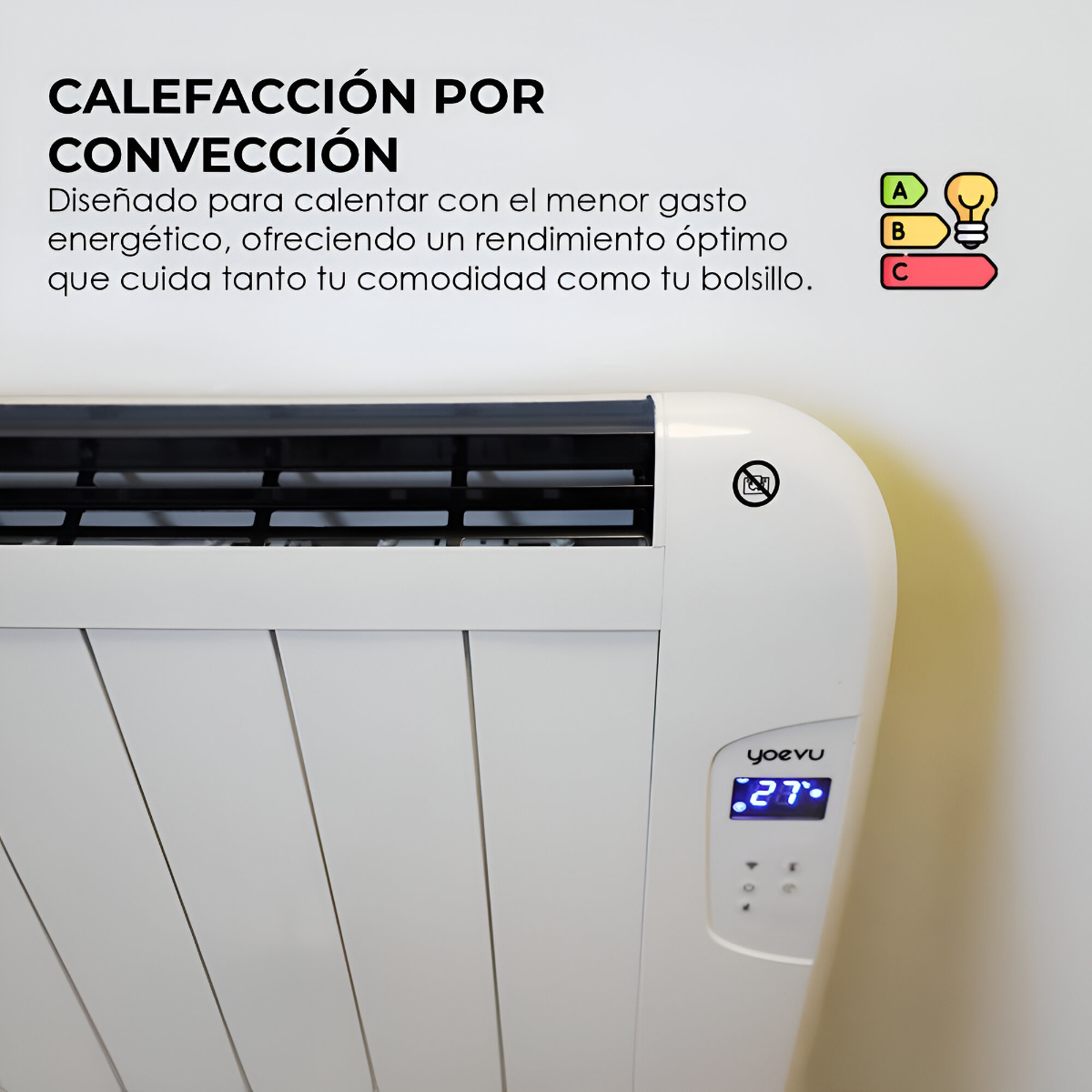 Calentador blanco con pantalla digital que muestra 27. Tiene un gráfico de eficiencia energética y texto en español.