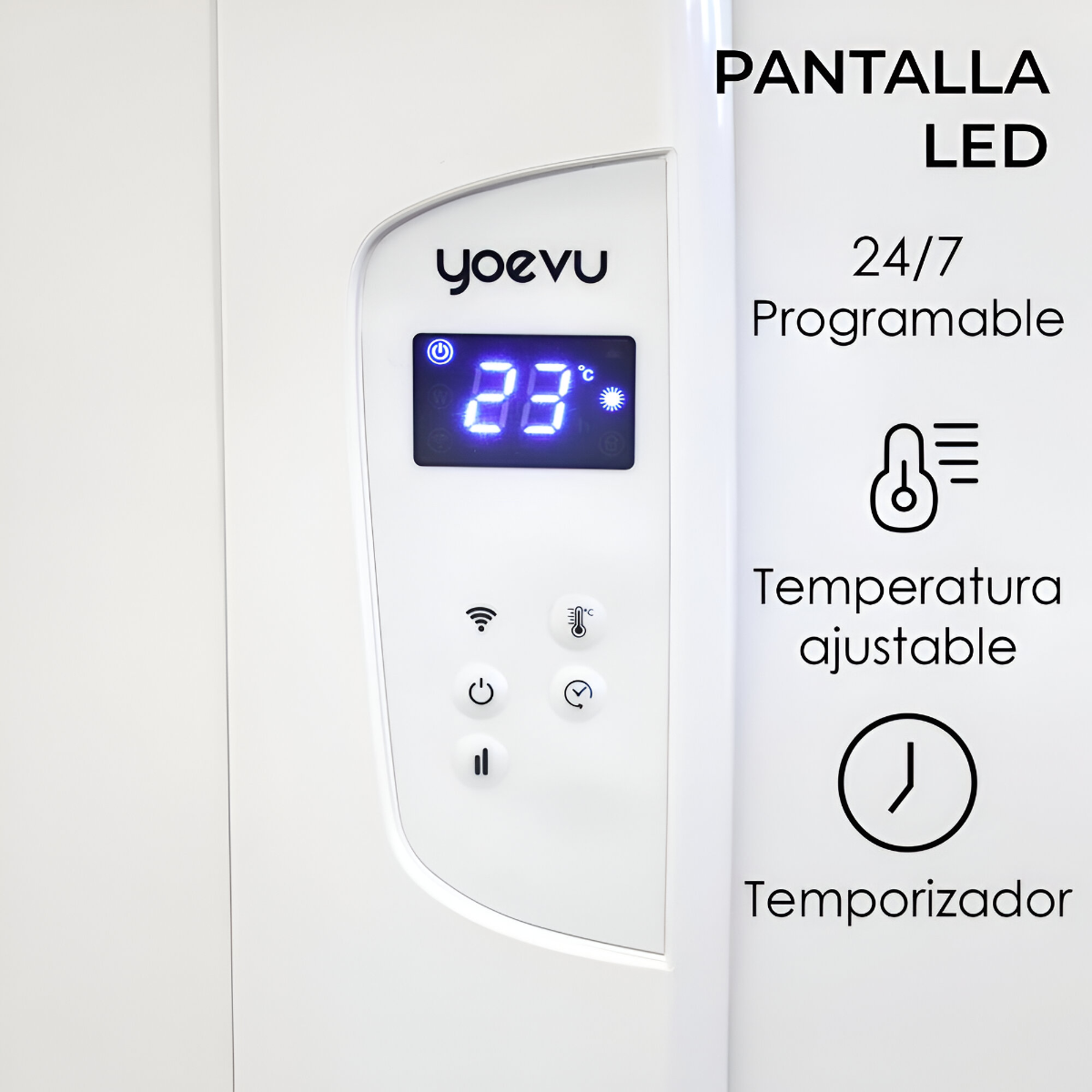 Panel blanco con pantalla digital que muestra 23°C. Texto: Panel LED, programable 24/7, temperatura ajustable.