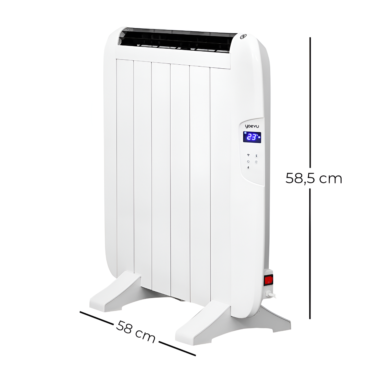 Calentador eléctrico blanco con pantalla digital que muestra 23. Dimensiones: 58cm ancho, 58.5cm alto.