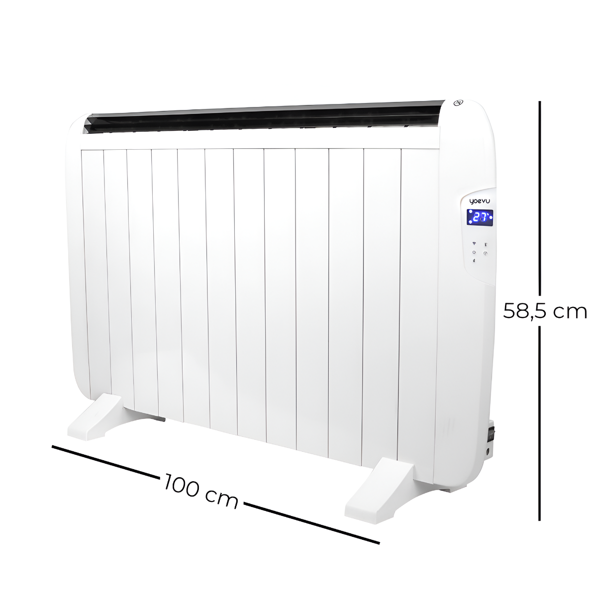 Calentador eléctrico blanco con pantalla digital. Se muestran las dimensiones en centímetros.