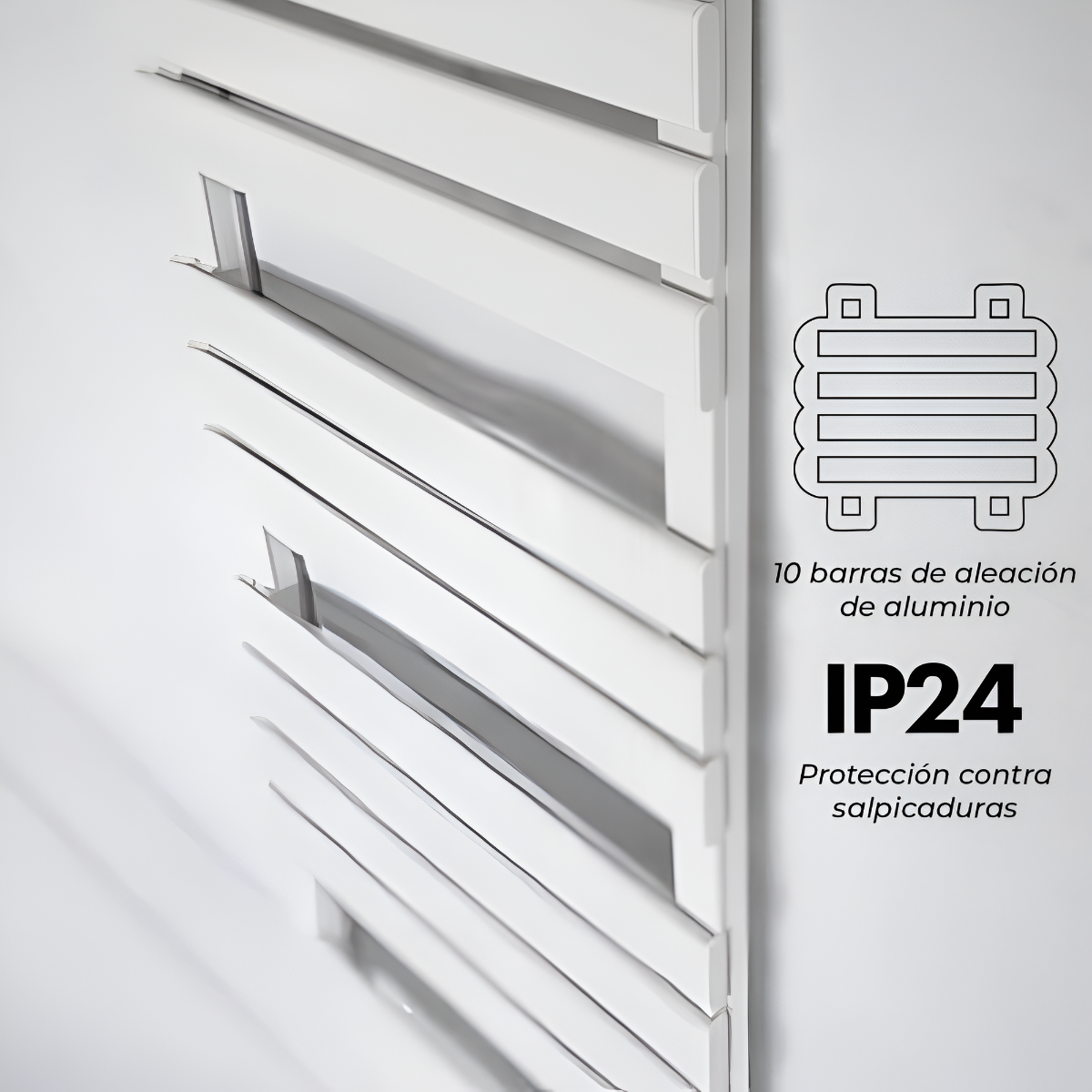 Radiatore bianco e grigio. Caratterizzato da 10 barre in alluminio e protezione IP24.