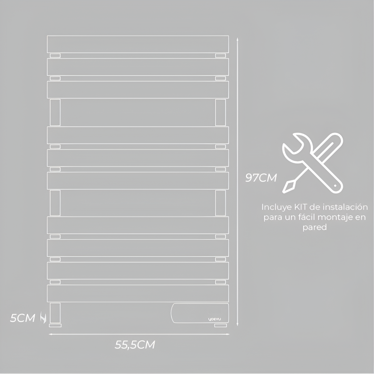 Diagramma di uno scaldasalviette bianco con dimensioni: 55,5 cm larghezza e 97 cm altezza.