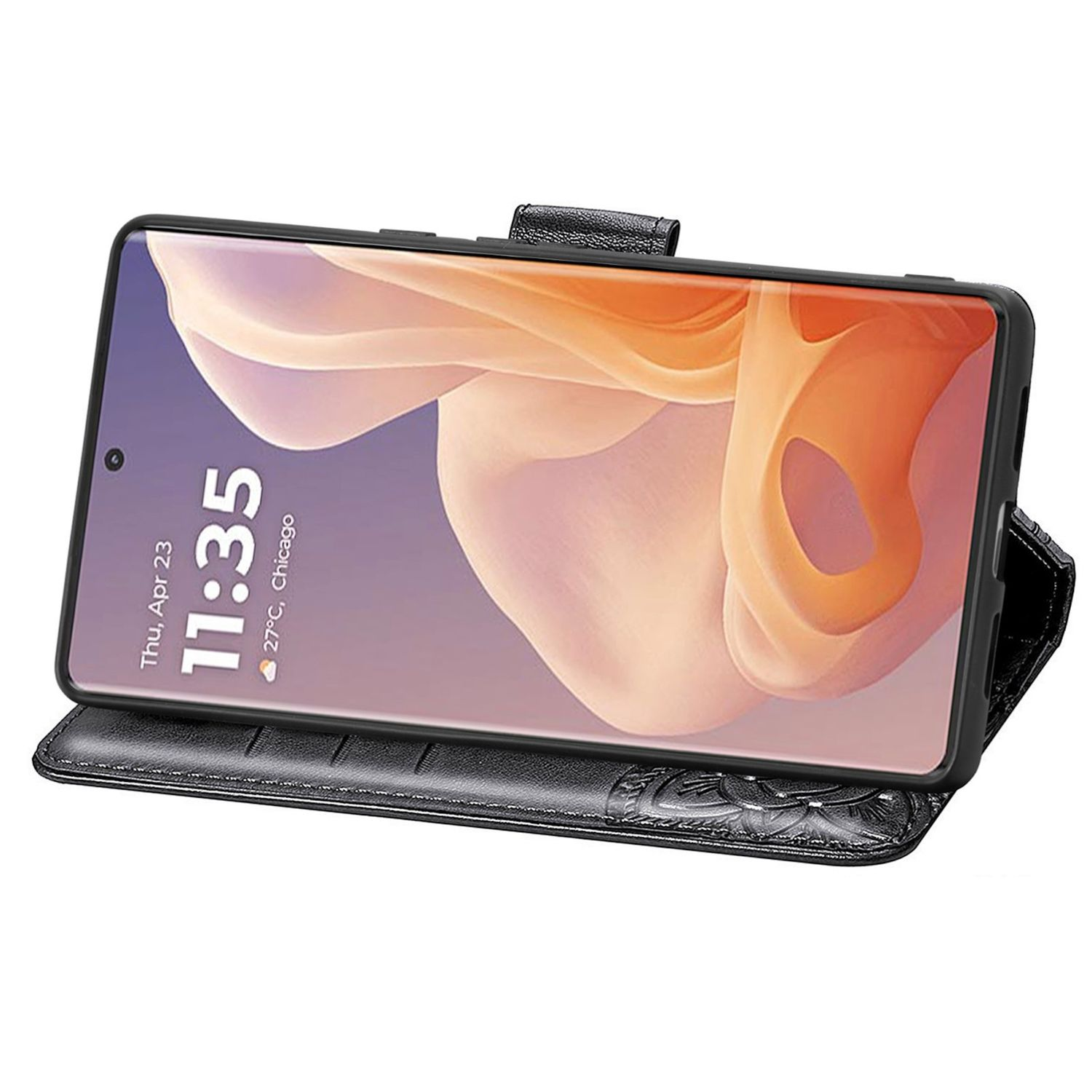 Eine schwarze Handyhülle mit einem Telefon, das Uhrzeit und Datum anzeigt. Sie ist offen und zeigt den Bildschirm und das florale Design.