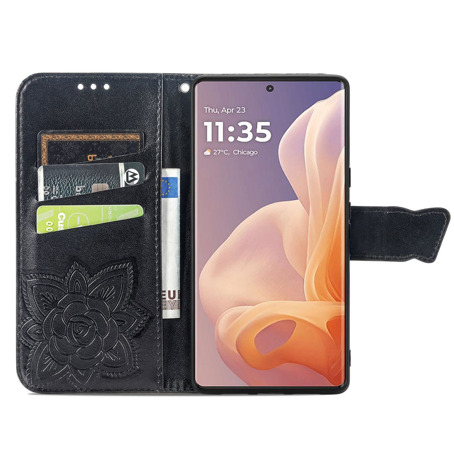 Schwarze Leder-Handyhülle mit Karten und Telefon mit Uhrzeit, Blumendesign.