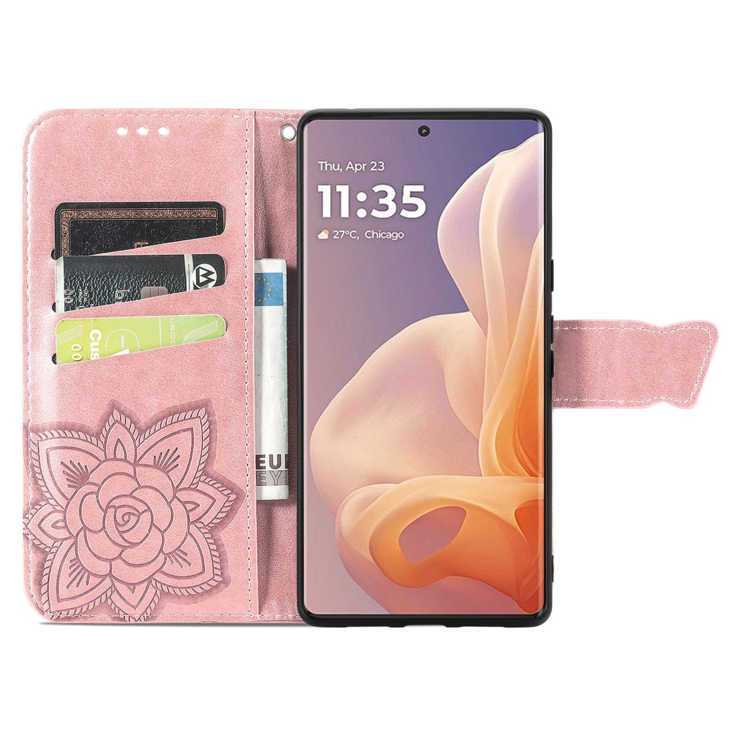 Rosa Handyhülle mit Karten, Geld und Telefon mit Uhrzeit.