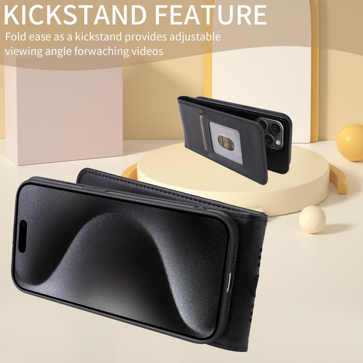 Schwarzes Leder-Wallet-Case mit Telefon, Kickstand-Funktion.