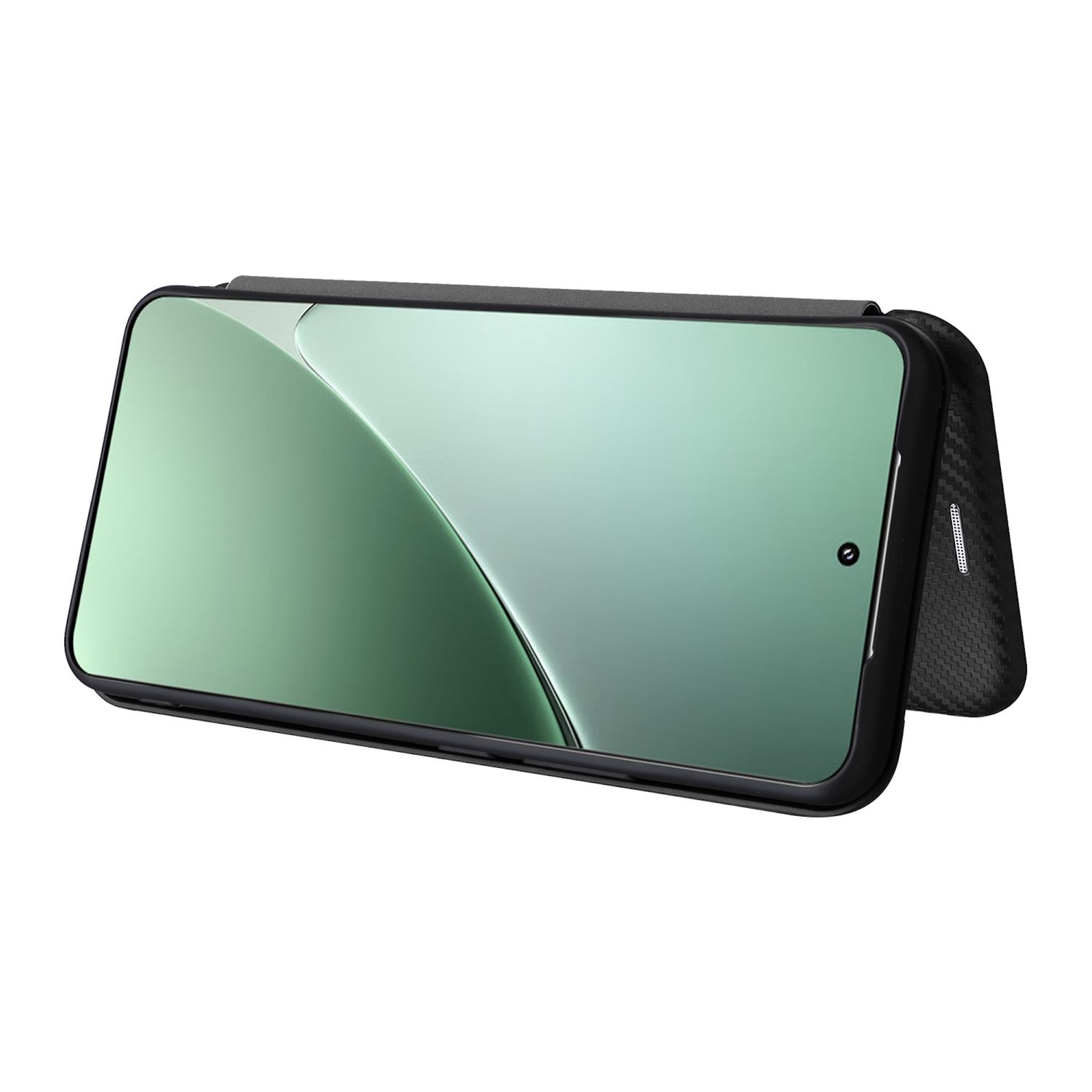 Ein schwarzes Smartphone in einer Hülle, Bildschirm nach oben, abgewinkelt zur Ansicht.