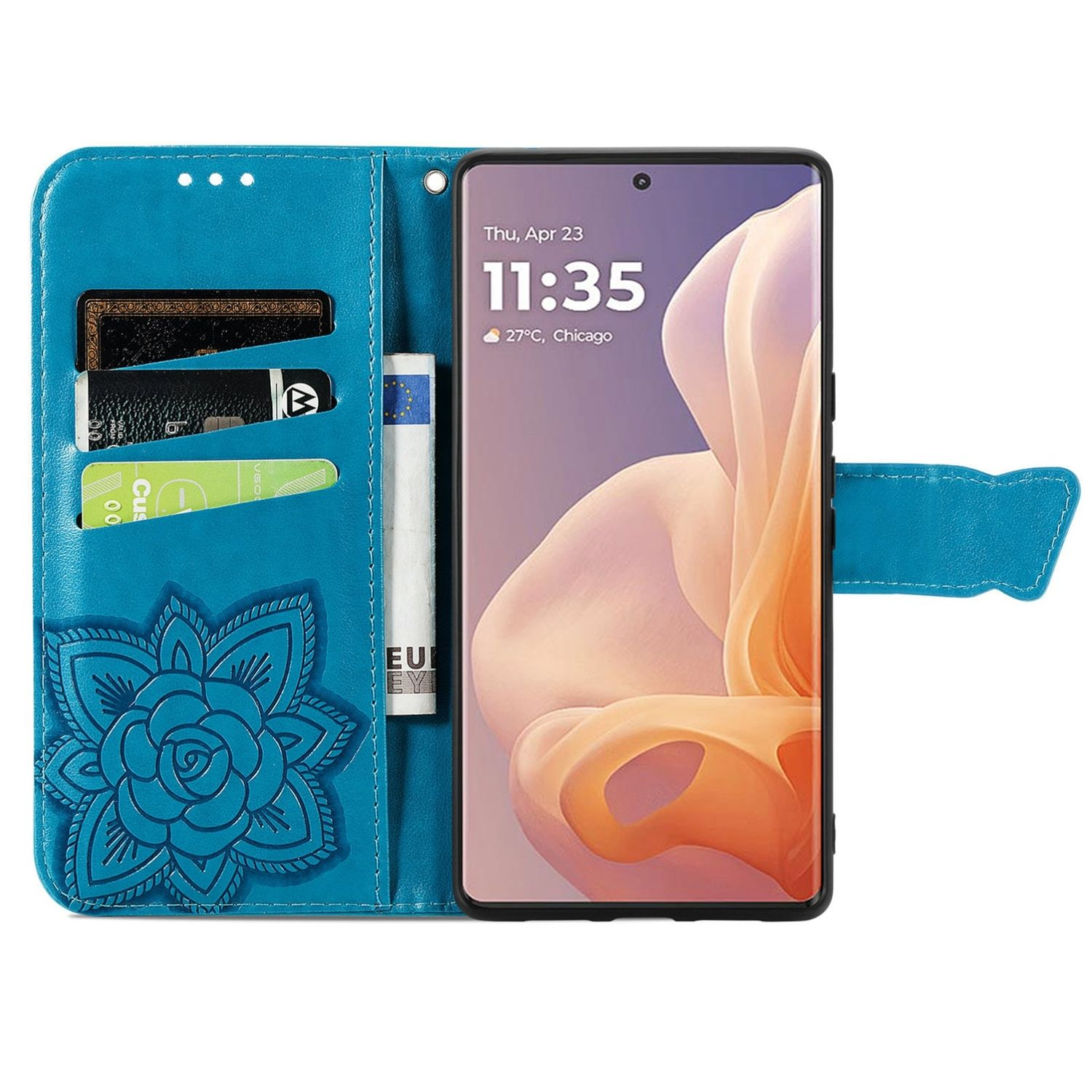 Blaue Handyhülle mit Blumendesign, hält ein Telefon mit Datum und Uhrzeit.