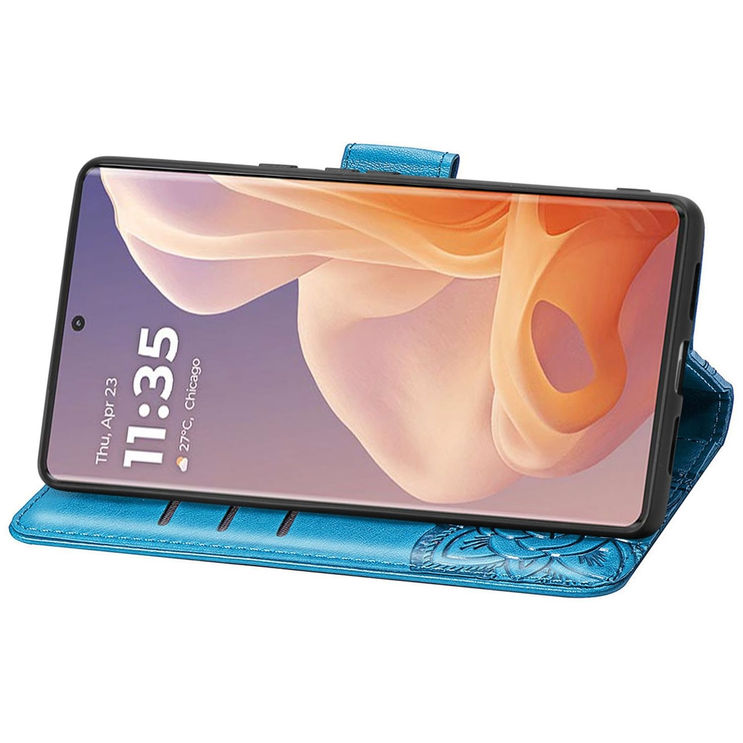Blaue Handyhülle mit floralem Design, offen, um einen Telefonbildschirm anzuzeigen.
