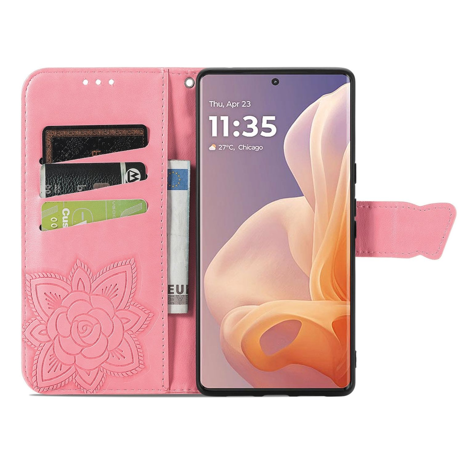 Eine rosa Handyhülle, geöffnet, zeigt Karten und Bargeld. Das Telefon ist drin.