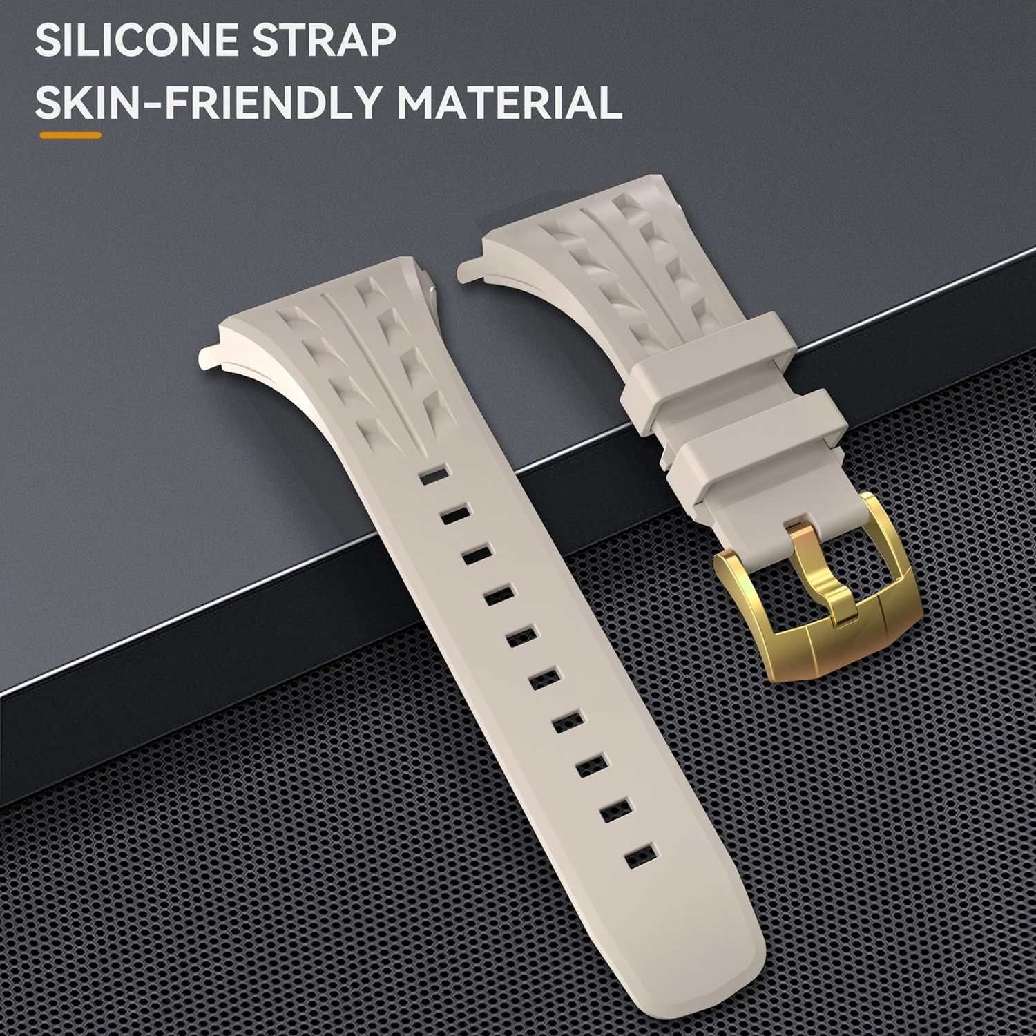 Zwei beige Silikon-Uhrenarmbänder mit goldener Schnalle auf dunklem Hintergrund.