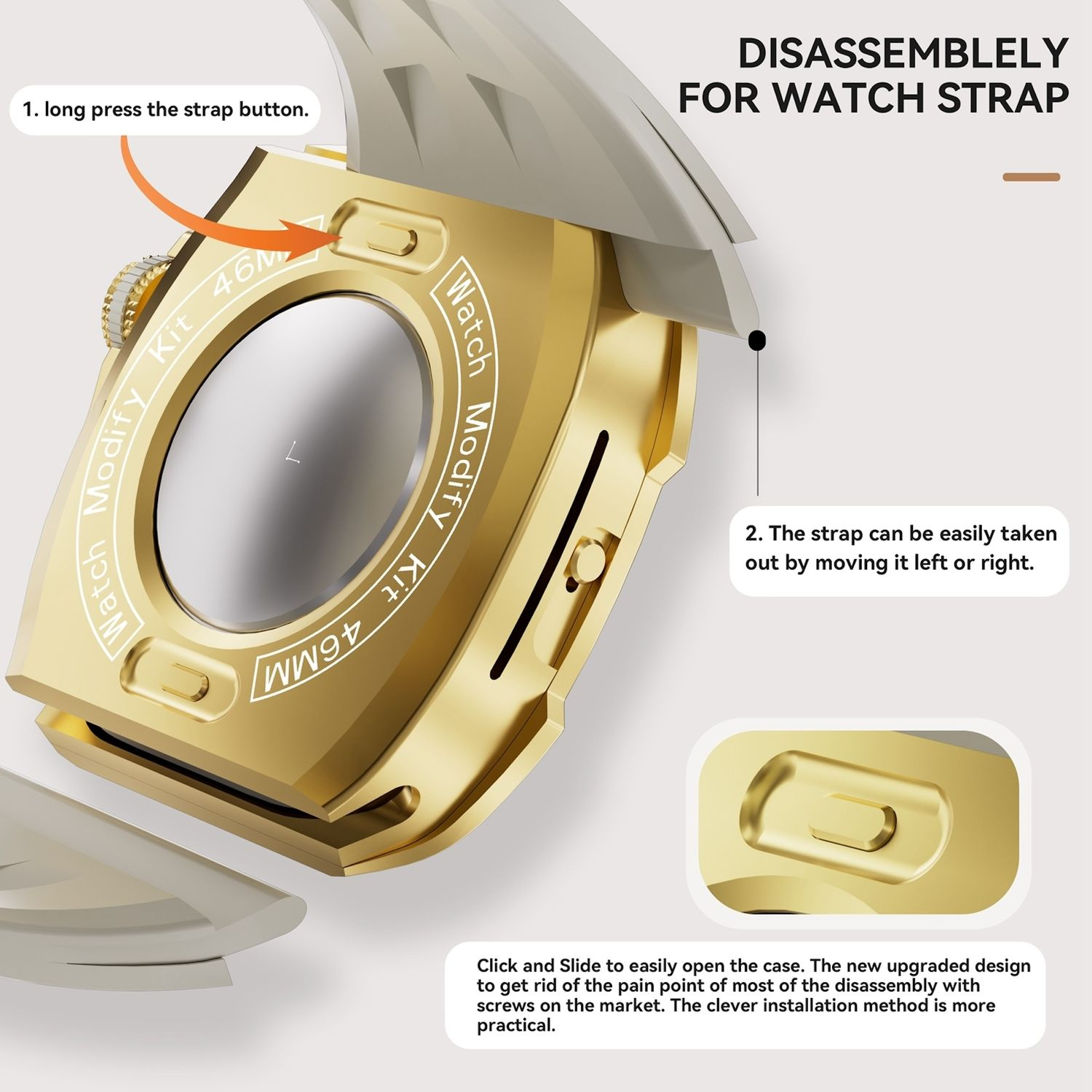 Goldene Uhr, bei der das Armband demontiert wird. Text: DISASSEMBLELY FOR WATCH STRAP.