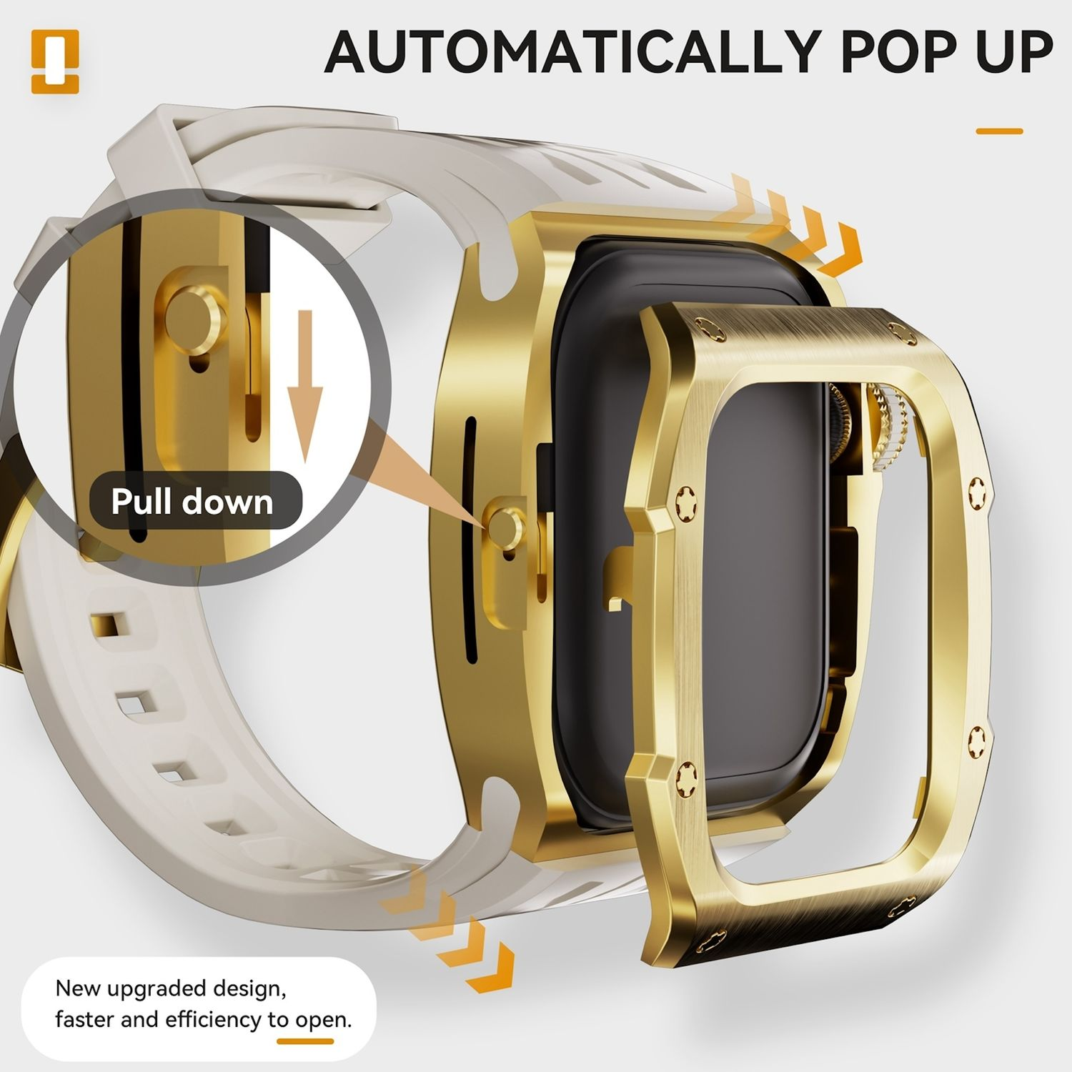 Smartwatch mit weißem Armband und goldfarbenem Rahmen, zeigt, wie sich der Rahmen öffnet.