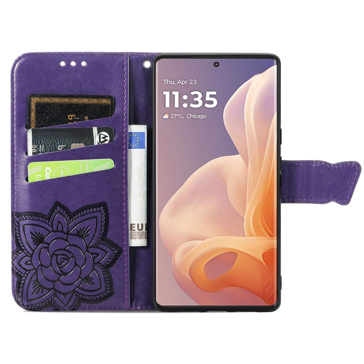 Lila Handyhülle mit floralem Design, Geldbörse und Karten.