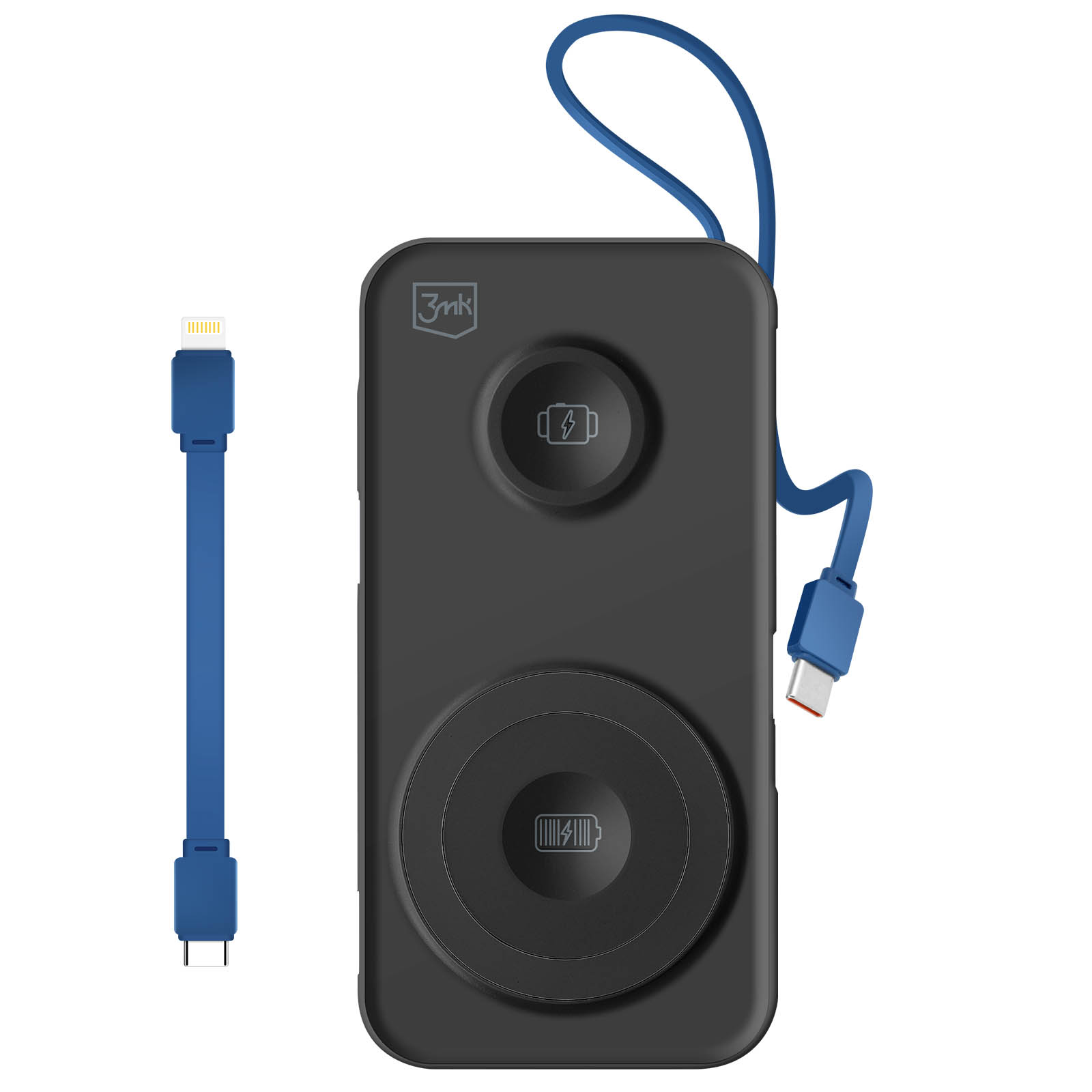 Czarny power bank z dwoma okręgami ładowania i niebieskim kablem z wtyczkami.
