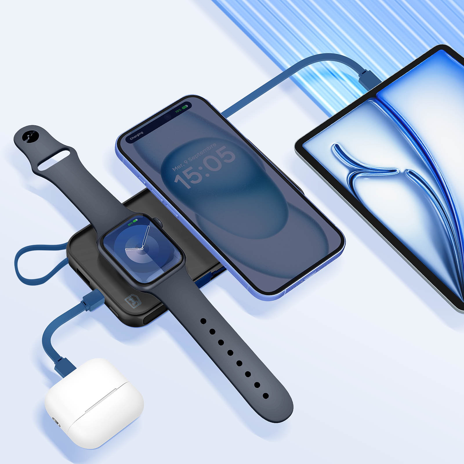 Smartwatch, telefon, tablet i bezprzewodowe słuchawki ładują się na czarnym power banku.