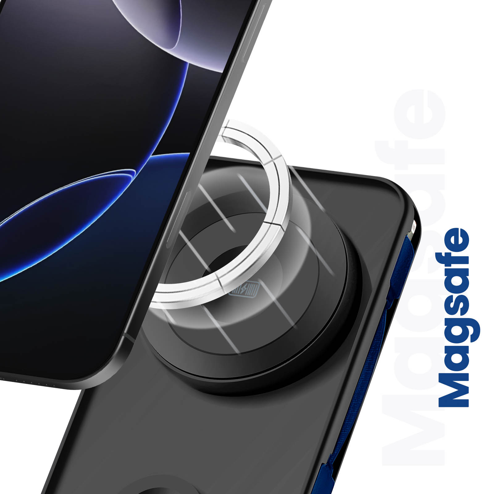 Czarny telefon z podłączoną ładowarką MagSafe, pokazujący połączenie magnetyczne.