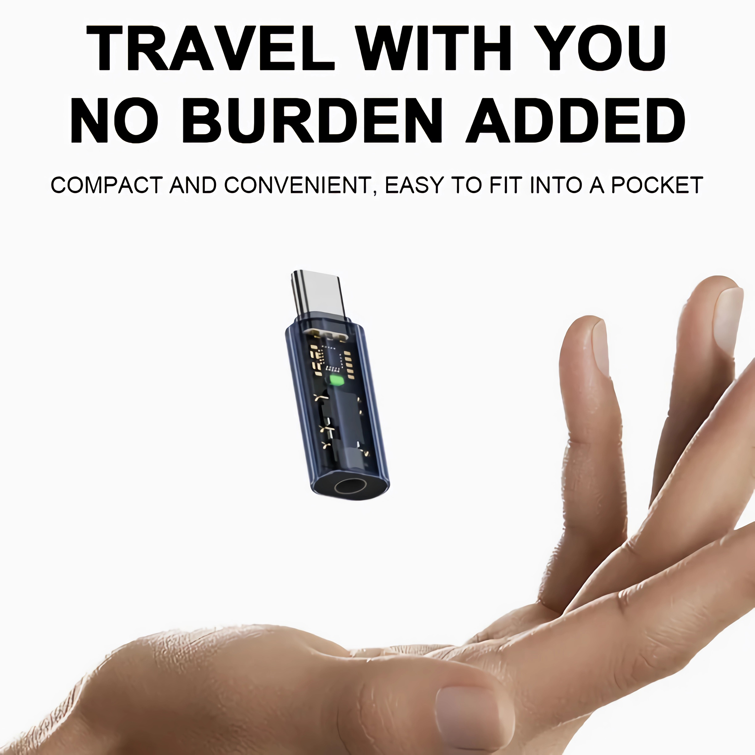 Hand, die einen dunkelblauen USB-C-Adapter hält. Text darüber lautet: "Reisen Sie ohne Last".