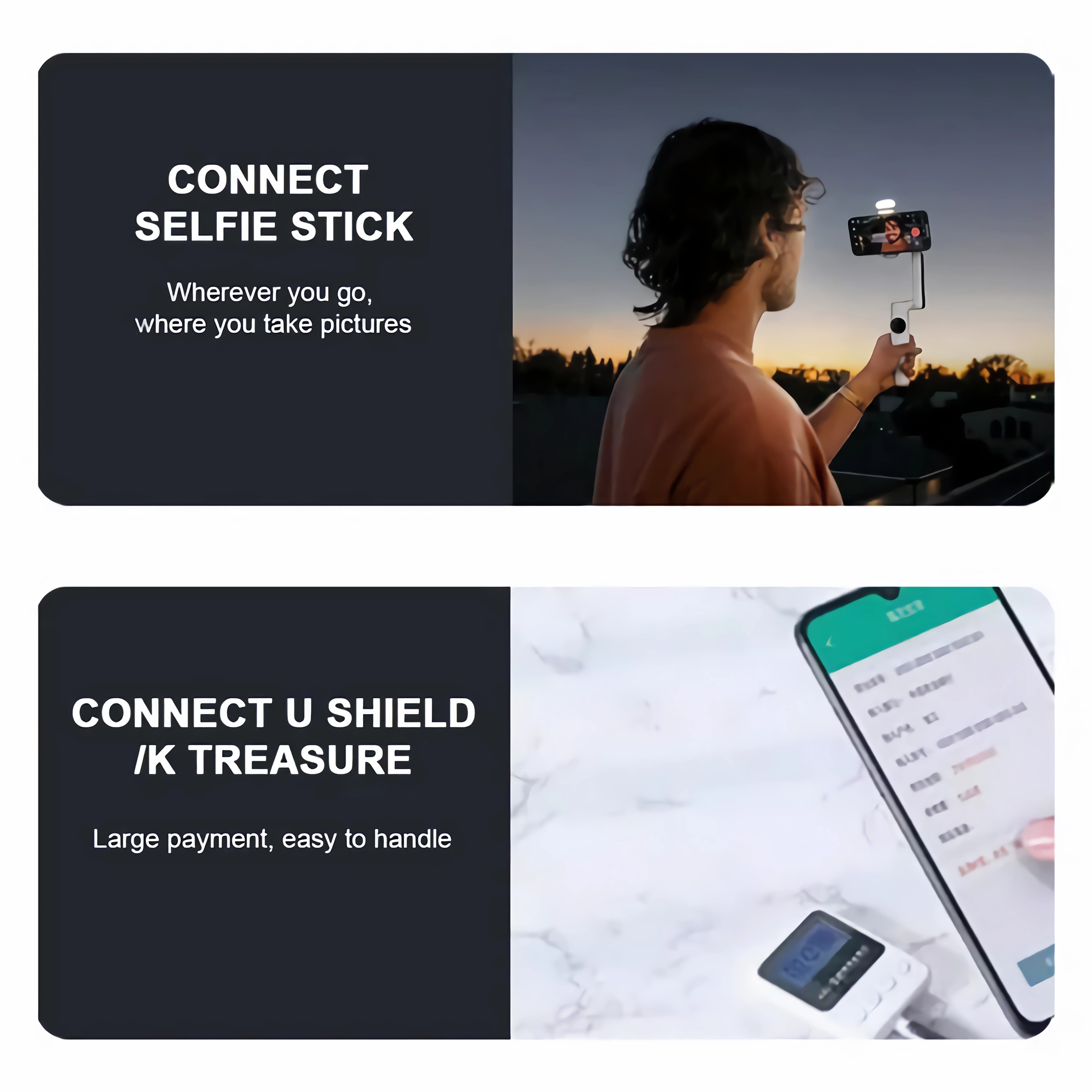 Zwei Bilder, die zeigen, wie man einen Selfie-Stick und U-Shield/K-Treasure für Zahlungen anschließt.