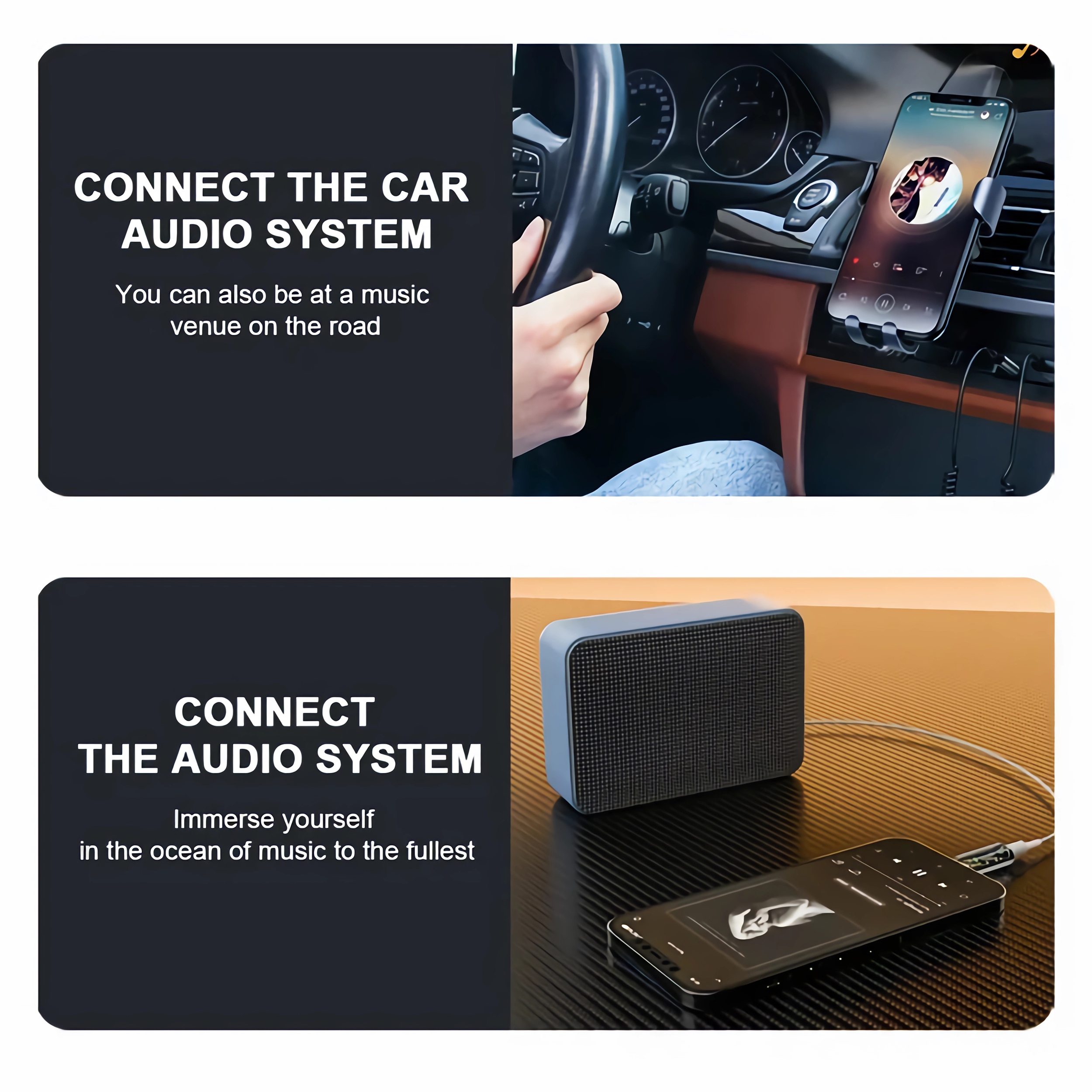 Zwei Bilder, die die Verbindung des Auto-Audiosystems zeigen. Ein Telefon in einer Autohalterung und ein Lautsprecher.
