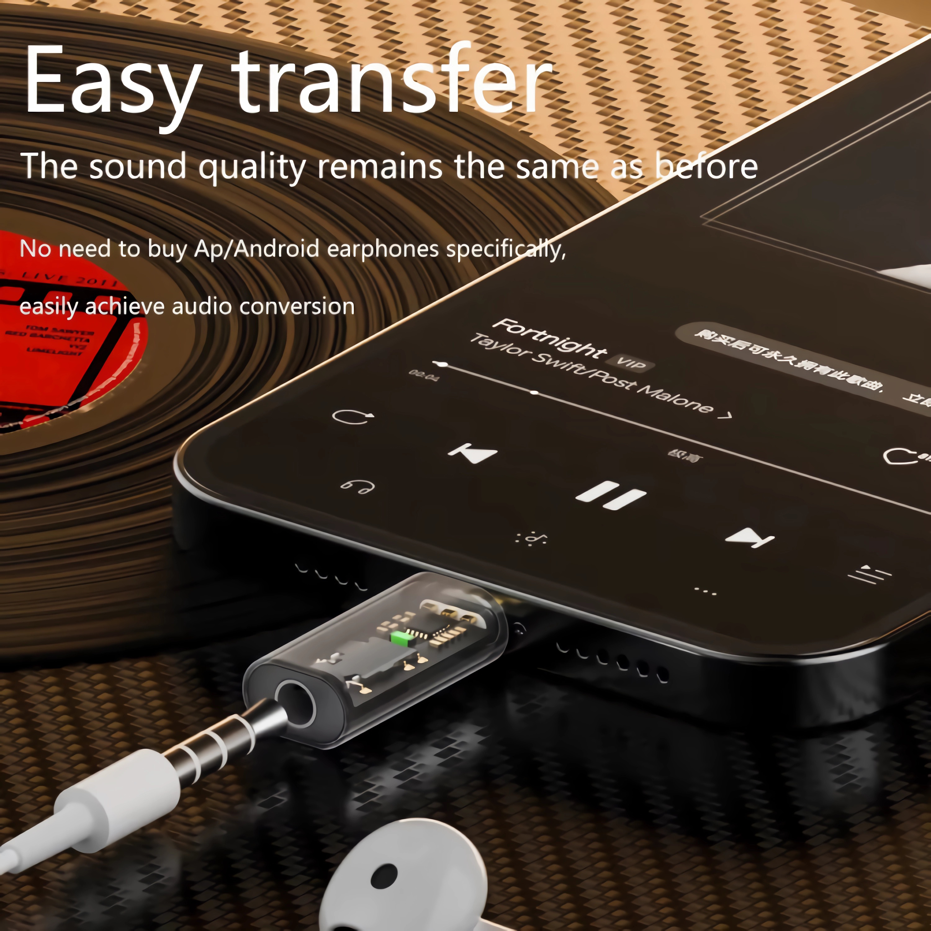 Ein Telefon mit Audioadapter und weißen Ohrhörern, im Hintergrund eine Schallplatte.
