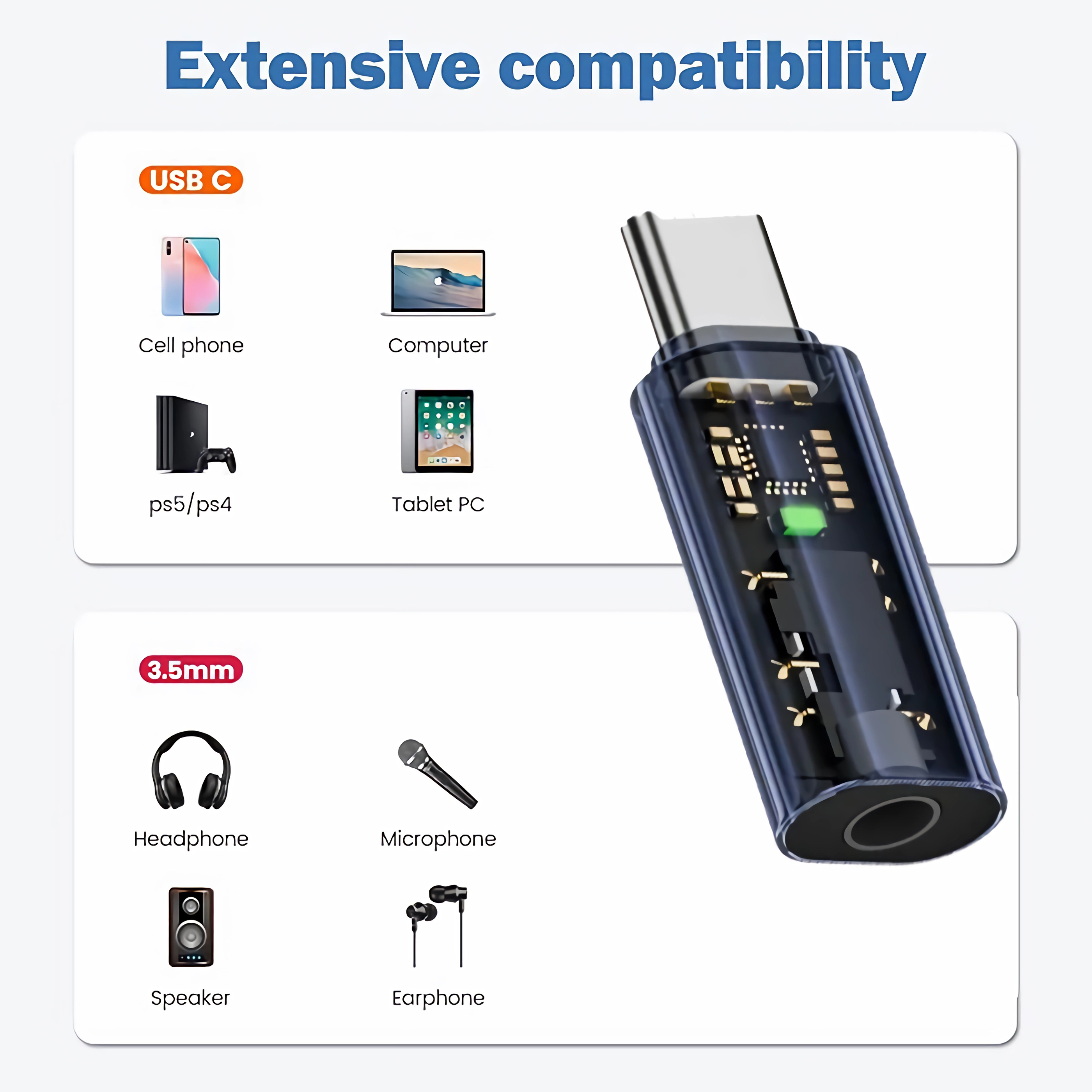 USB-C-Adapter mit Gerätebildern. Auch Bilder von Kopfhörern und Lautsprechern.