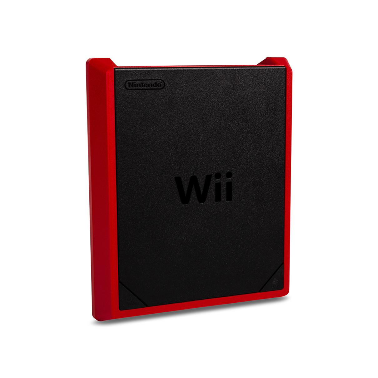 Eine rot-schwarze Nintendo Wii Konsole, von der Seite gezeigt.