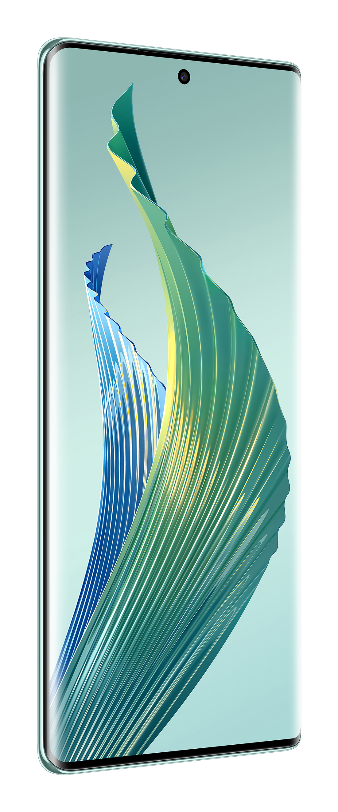 Vista laterale dello smartphone con display curvo, che mostra una grafica verde e blu.