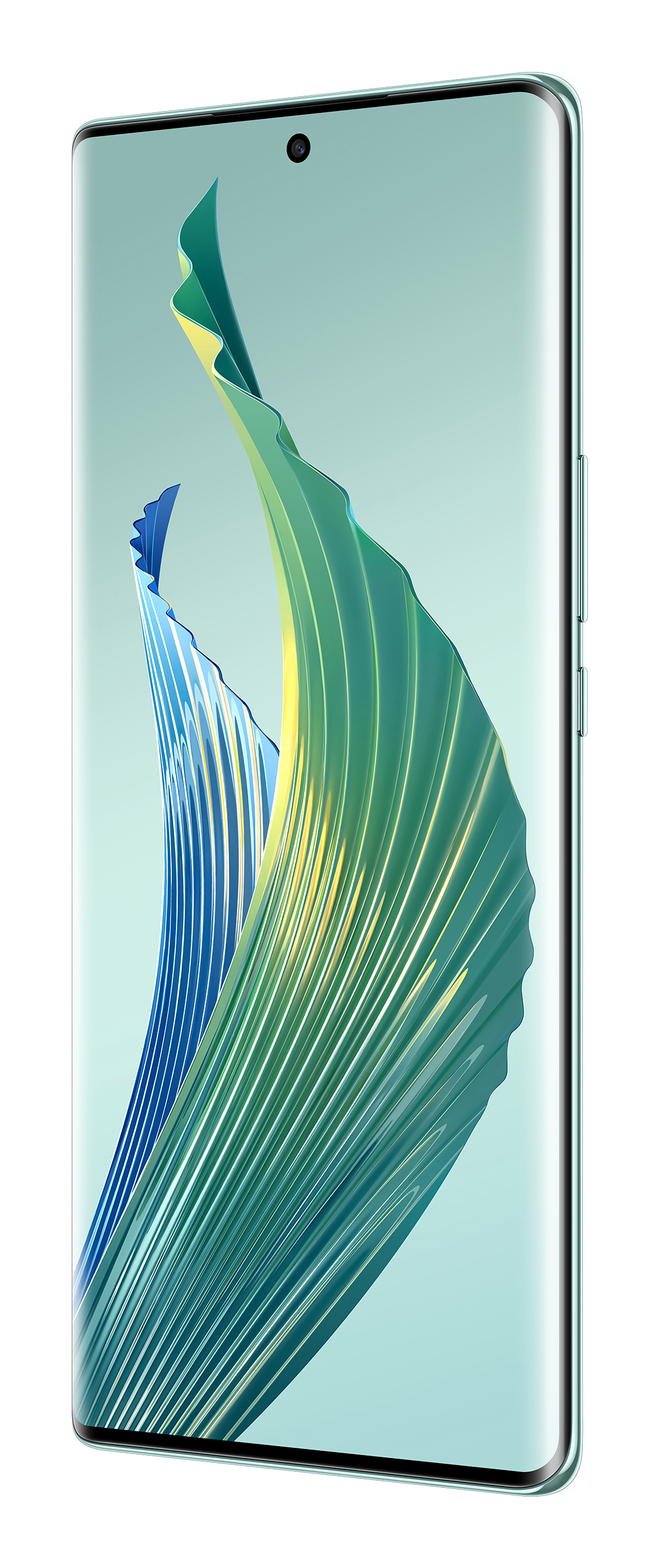 Uno smartphone con schermo curvo, che mostra forme astratte verdi e blu su sfondo chiaro.