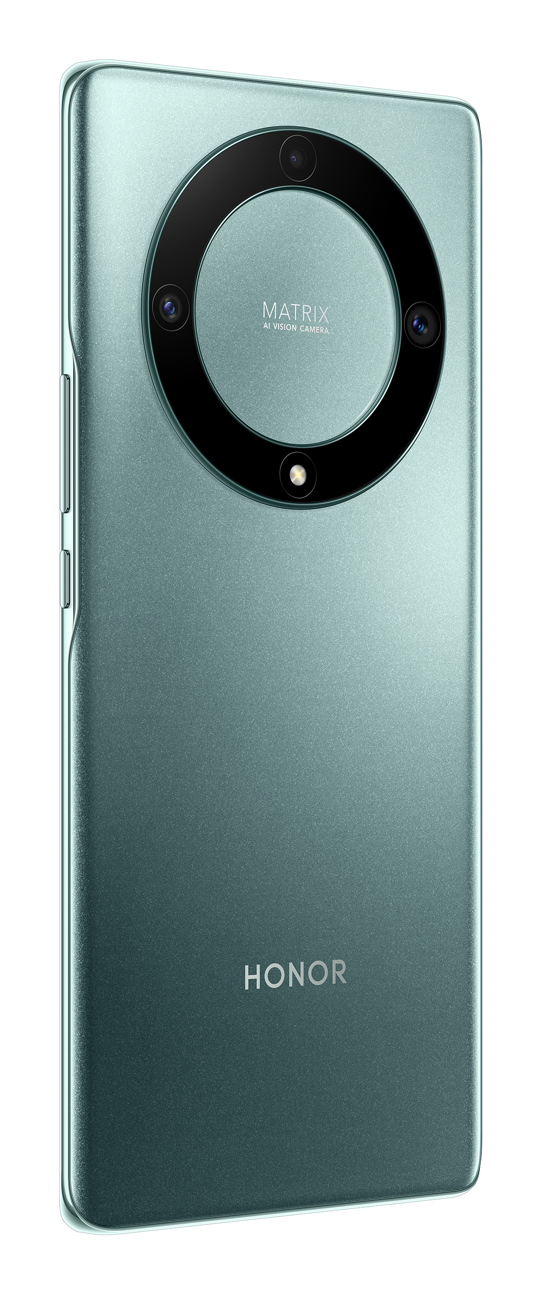 Retro di smartphone verde. Modulo fotocamera circolare, logo Honor.