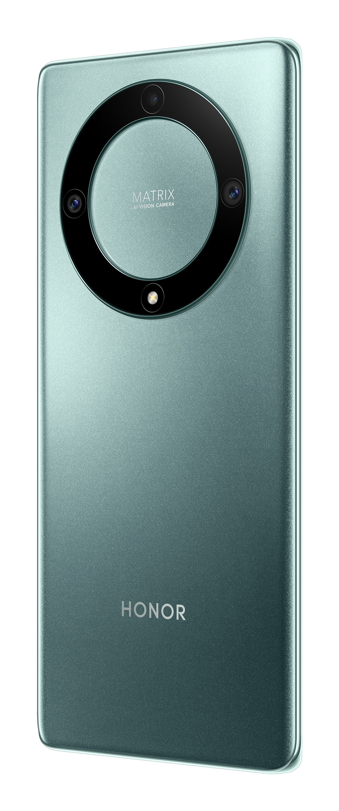 Un telefono verde menta. Il retro ha tre fotocamere e un anello luminoso. La parola HONOR in basso.