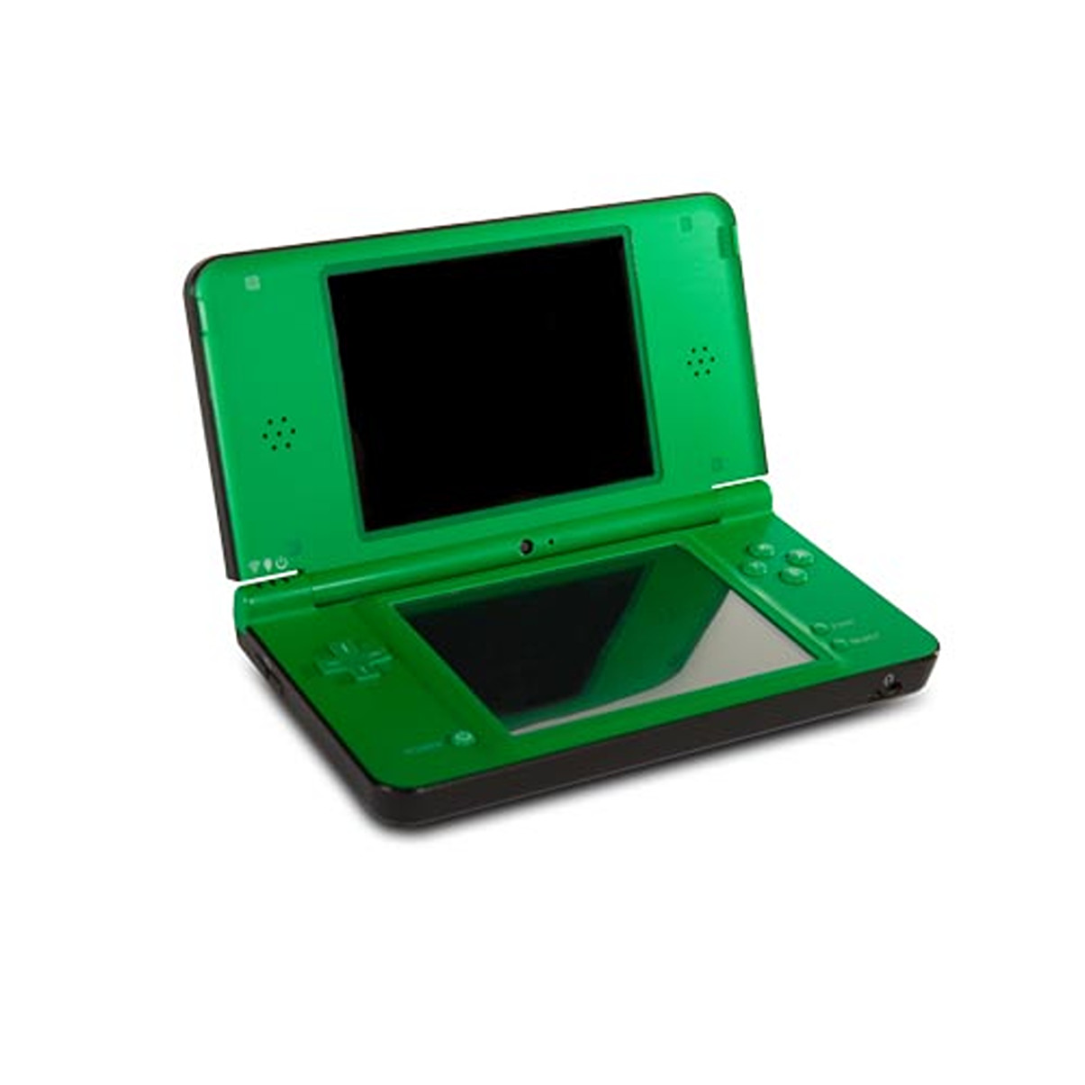 Grünes Nintendo DS, offen. Der obere Bildschirm ist schwarz, der untere grün. Tasten sind sichtbar.