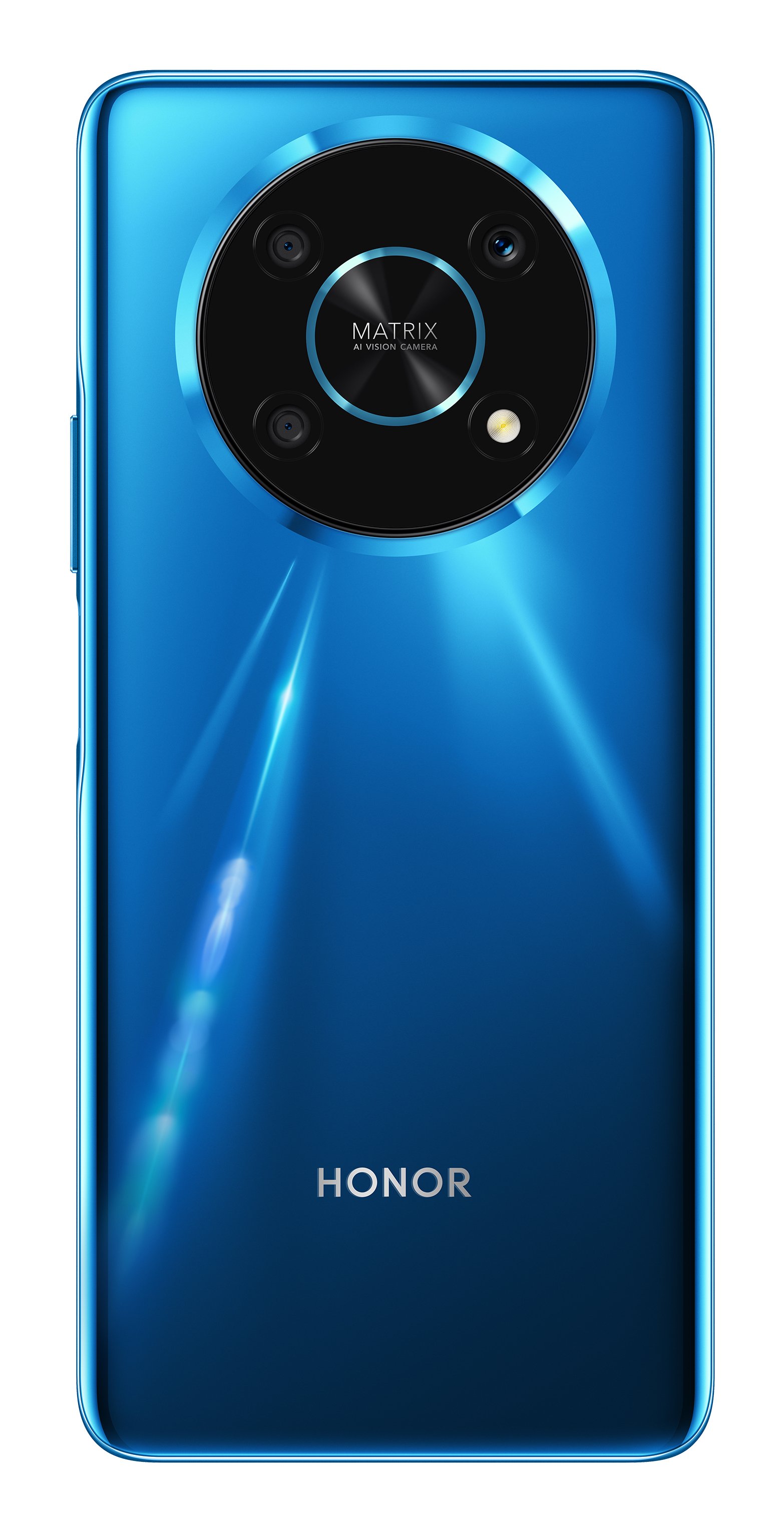 Niebieski telefon z wieloma tylnymi aparatami i słowem HONOR pod nimi.