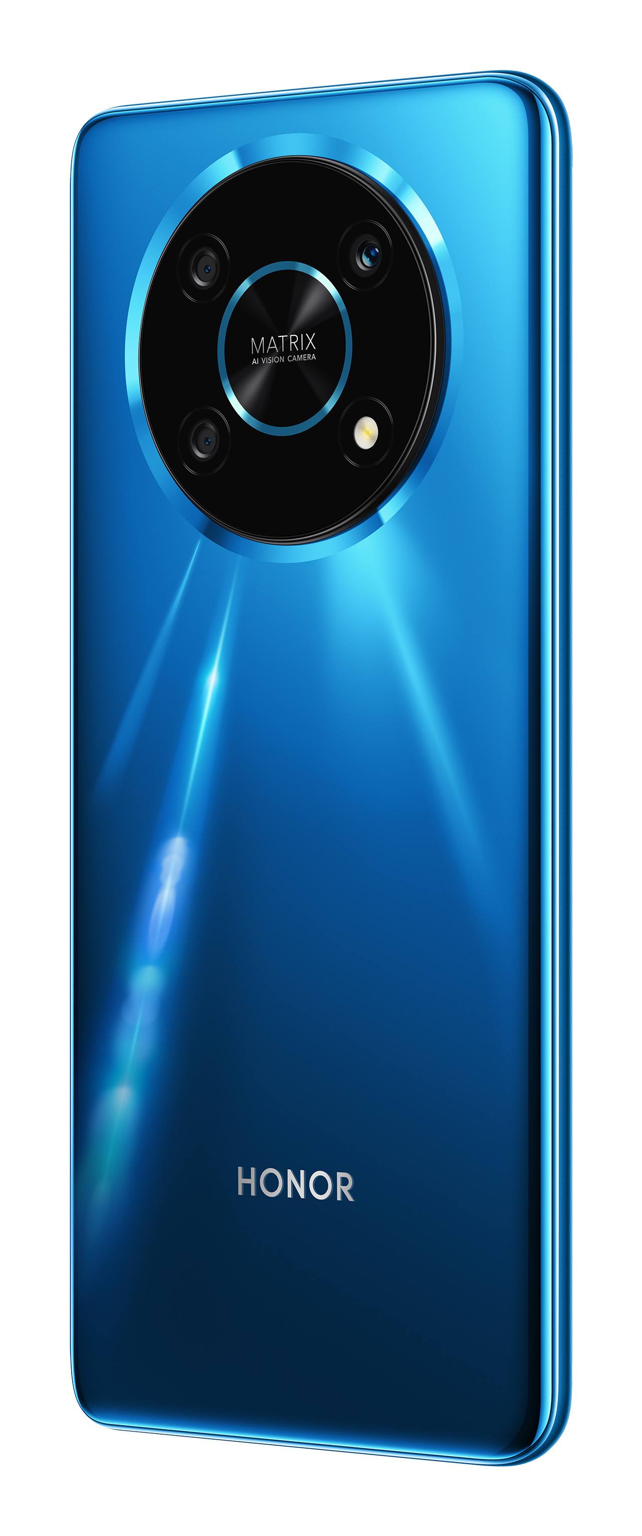 Niebieski tył smartfona z wieloma aparatami w okrągłym wzorze i logo HONOR.
