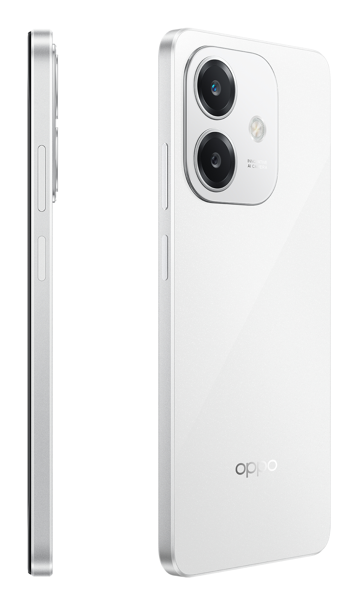 Teléfono Oppo blanco sobre fondo blanco. Lentes de cámara y logotipo de Oppo visibles.