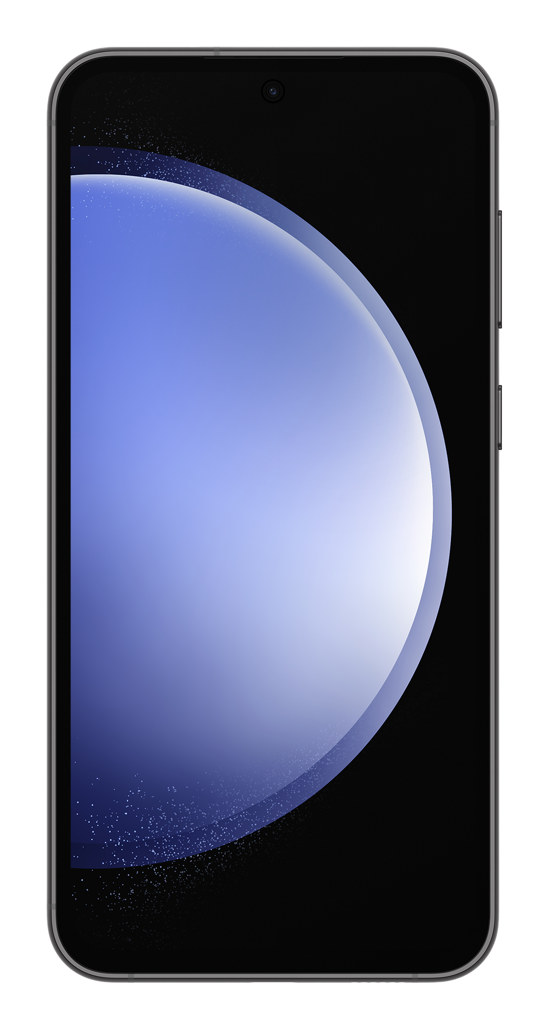 Ekran smartfona. Niebiesko-biały wzór. Czarna ramka. Widok z przodu. Na białym tle.