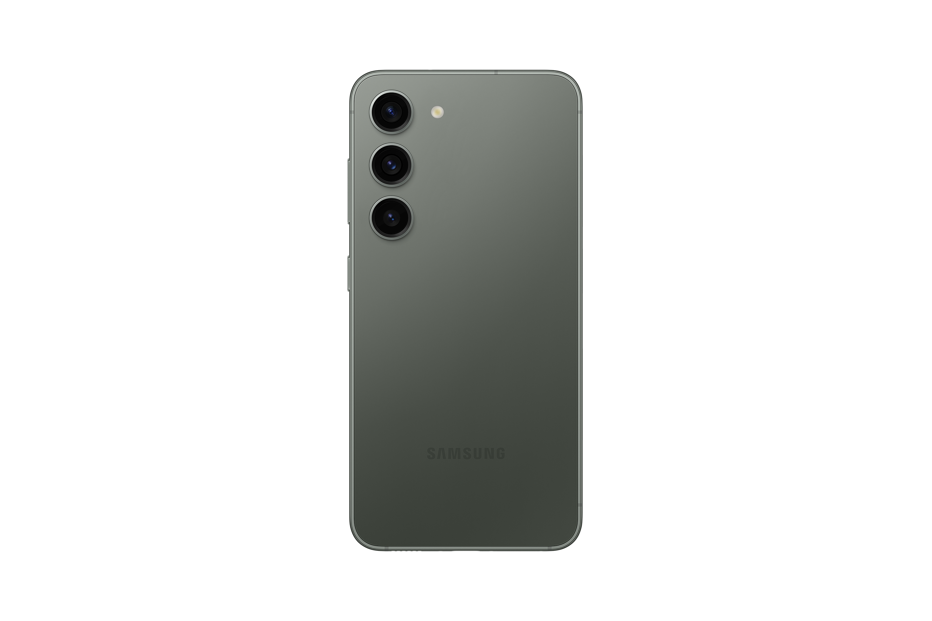 Rückseite eines grünen Samsung-Smartphones mit drei Kameras. Der Text 'SAMSUNG' ist sichtbar.