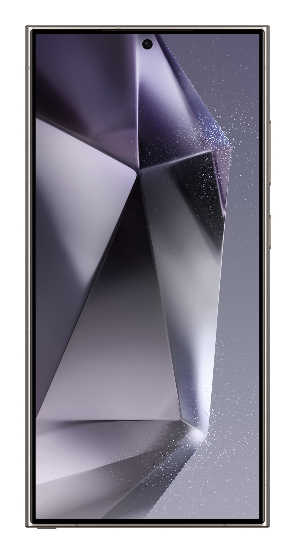 Smartphone con diseño geométrico abstracto en pantalla, marco dorado, vista frontal.