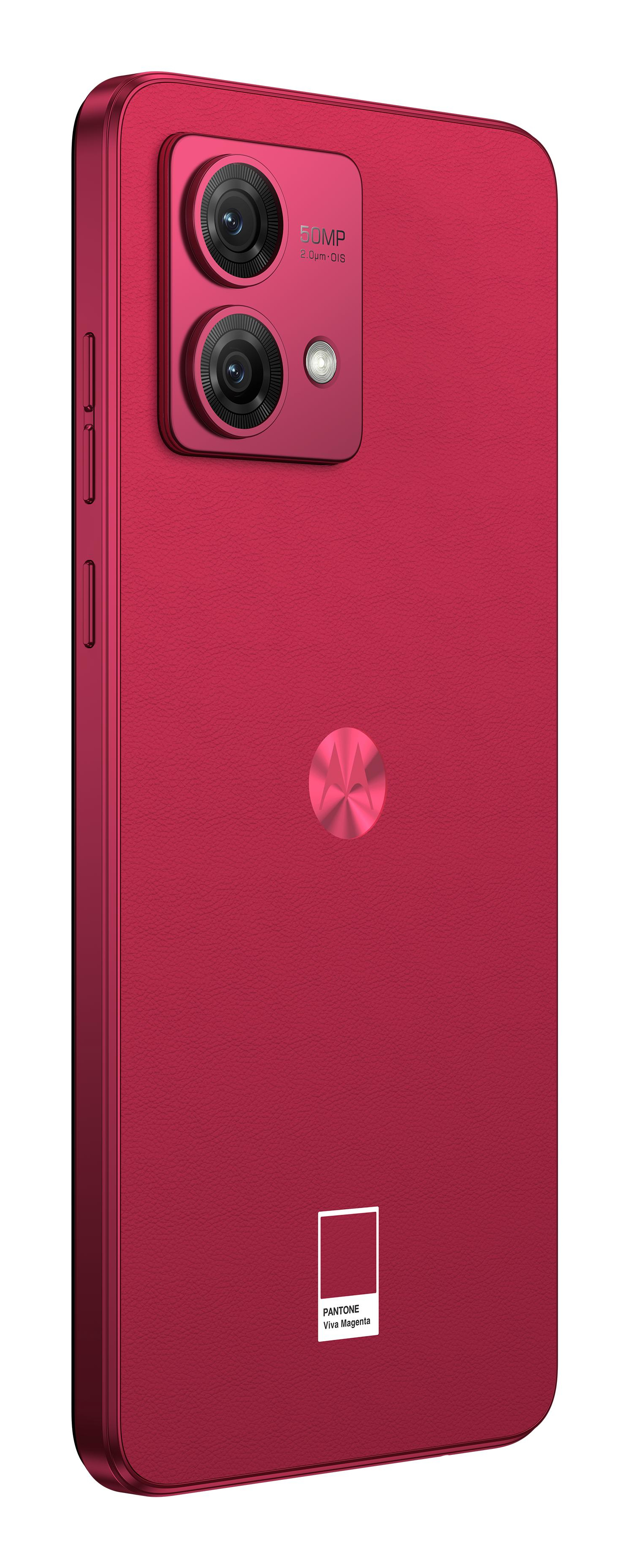 Czerwony smartfon z podwójnym aparatem z tyłu i logo Pantone na dole.